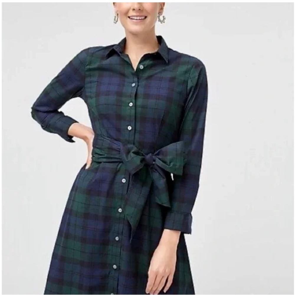 J. Crew Blackwatch Navy Black Green Long Sleeve Tie Shirt Dress Tartan Sz 8 - Picture 2 of 9